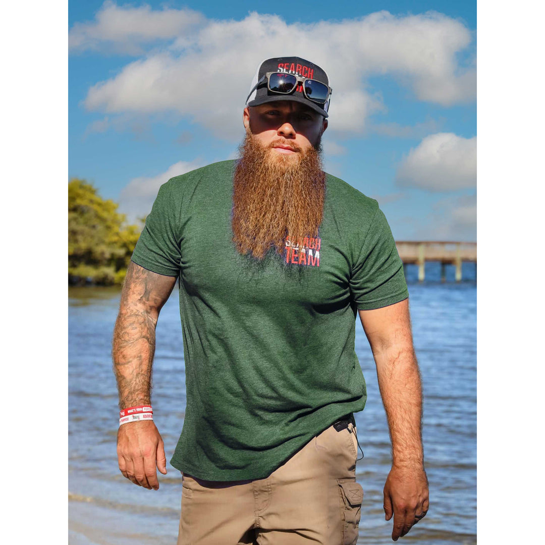 SEARCH TEAM Premium Green Crew T-Shirt w/ Sonar Boat and Car on Back