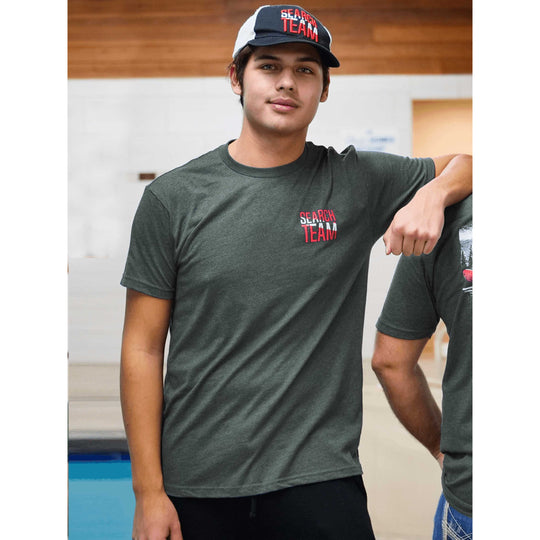 SEARCH TEAM Premium Green Crew T-Shirt w/ Sonar Boat and Car on Back