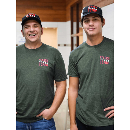 SEARCH TEAM Premium Green Crew T-Shirt w/ Sonar Boat and Car on Back